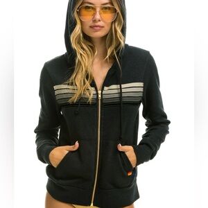 Aviator Nation Charcoal 5 Stripe Zip Hoodie in Grey Stripes
